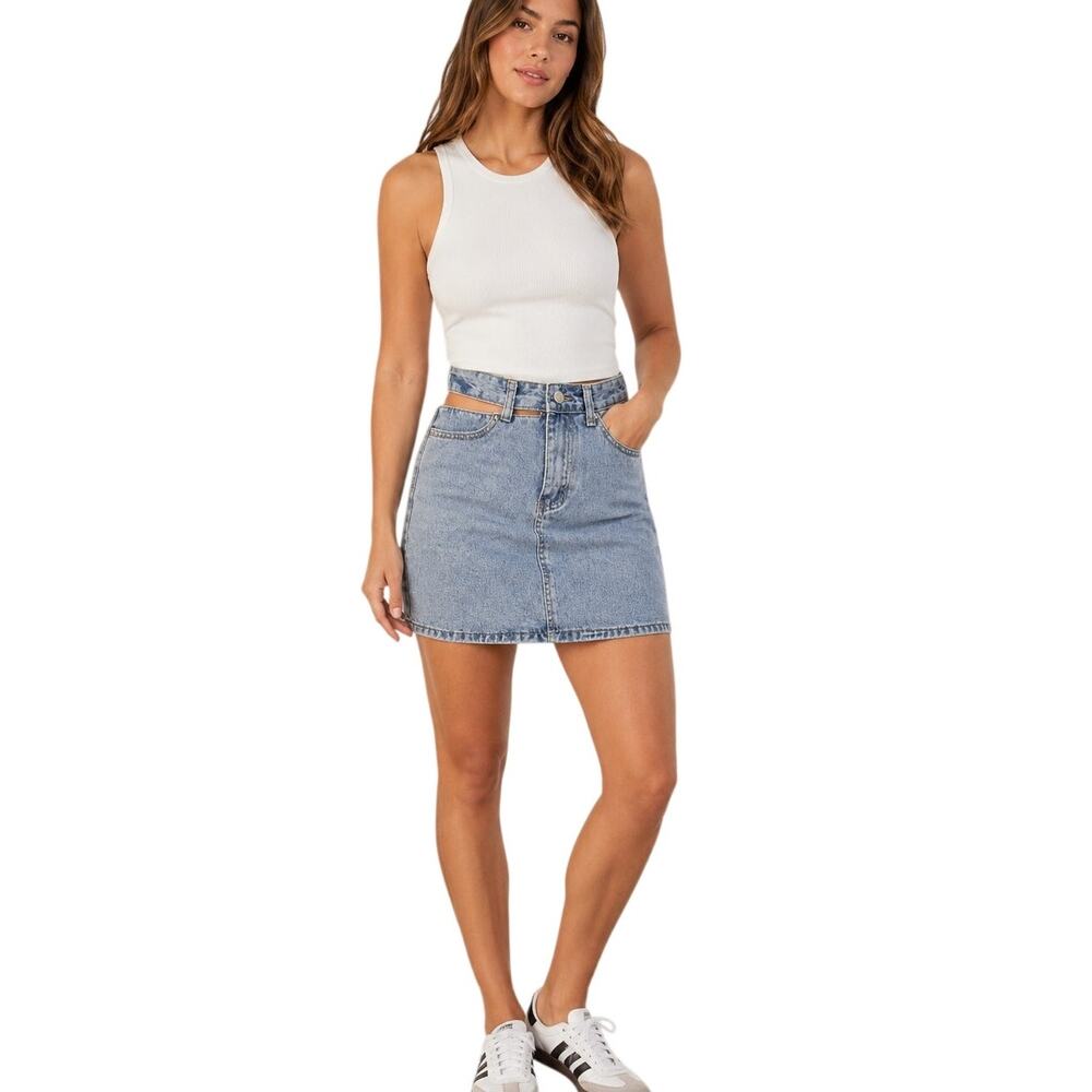 Denim Mini Skirt High Waist Side Cutout A Line Y2K  Blue Wash S